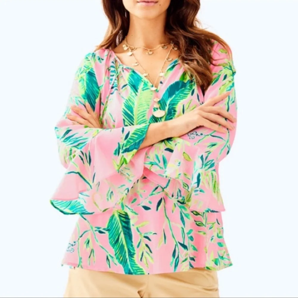 Lilly Pulitzer Pink Tropical Leaf Ruffle Blouse - Picture 1 of 5